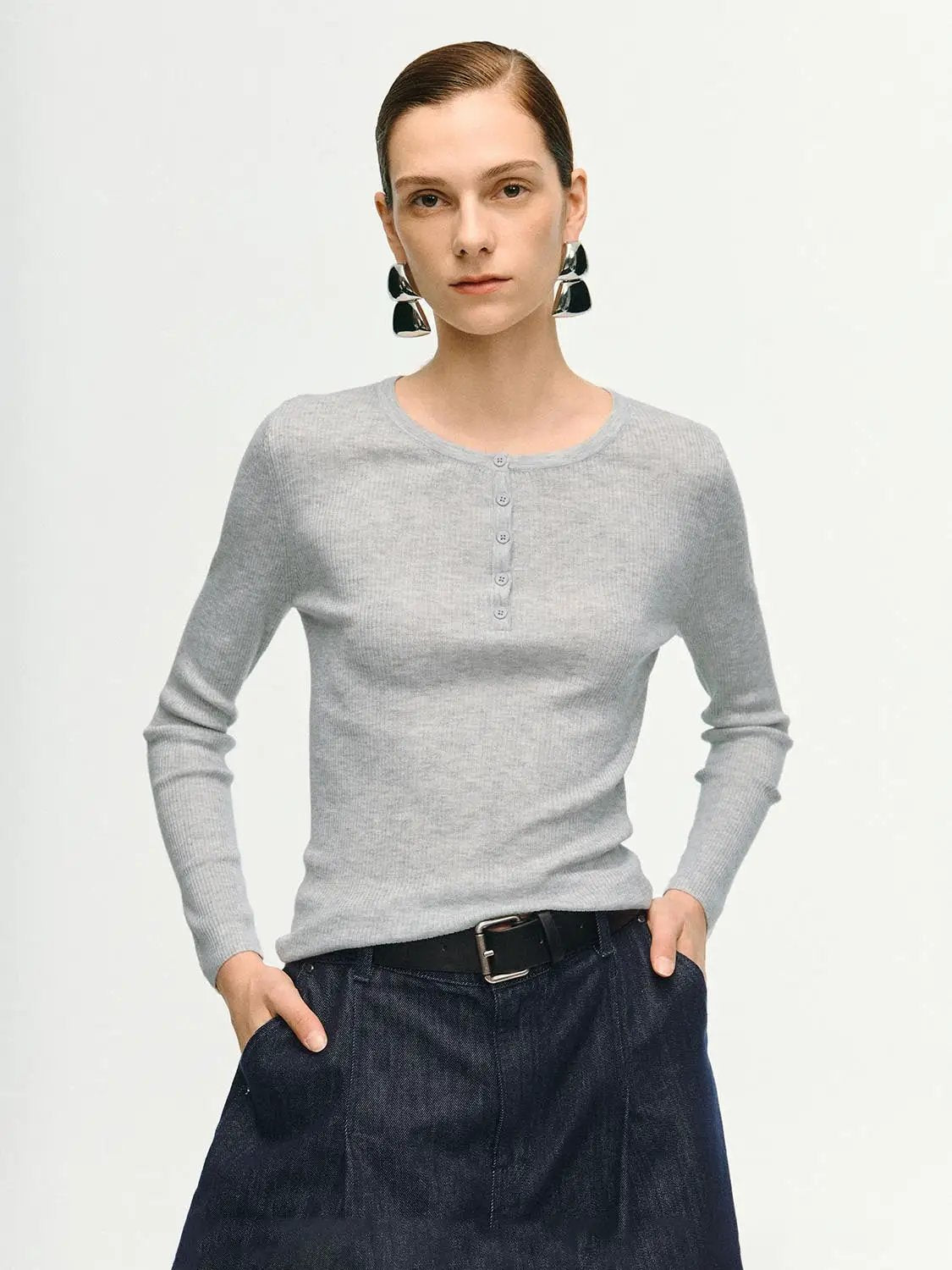 Slim Ribbed Button Front Long Sleeve T-Shirt