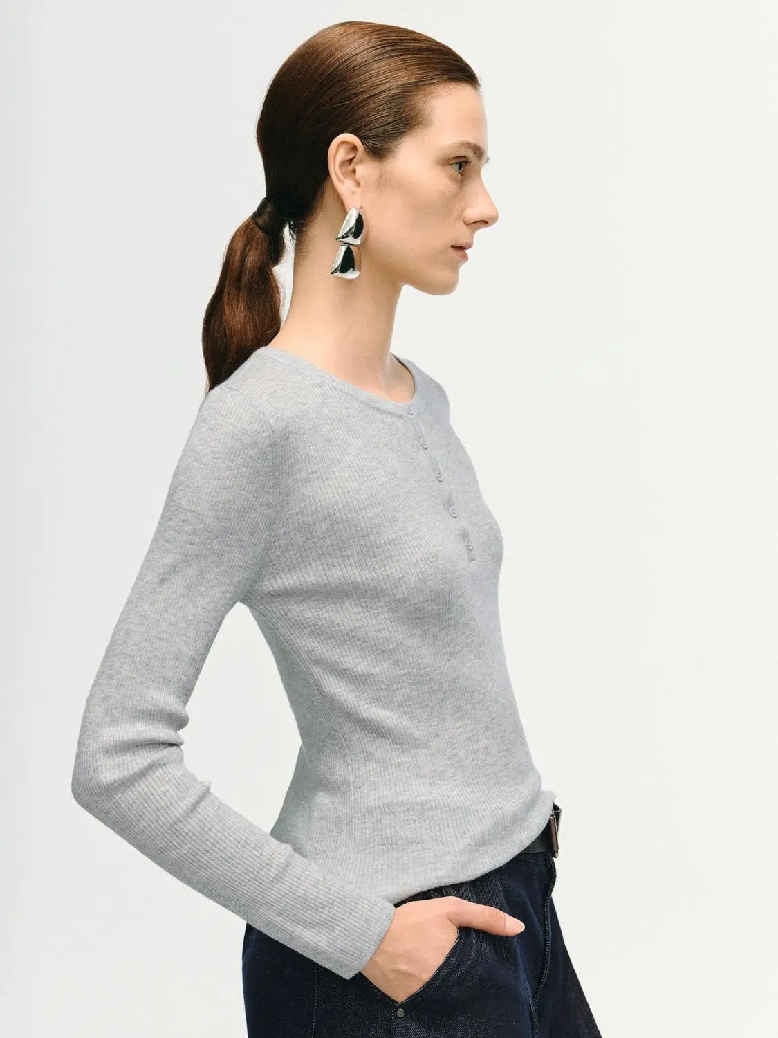Slim Ribbed Button Front Long Sleeve T-Shirt