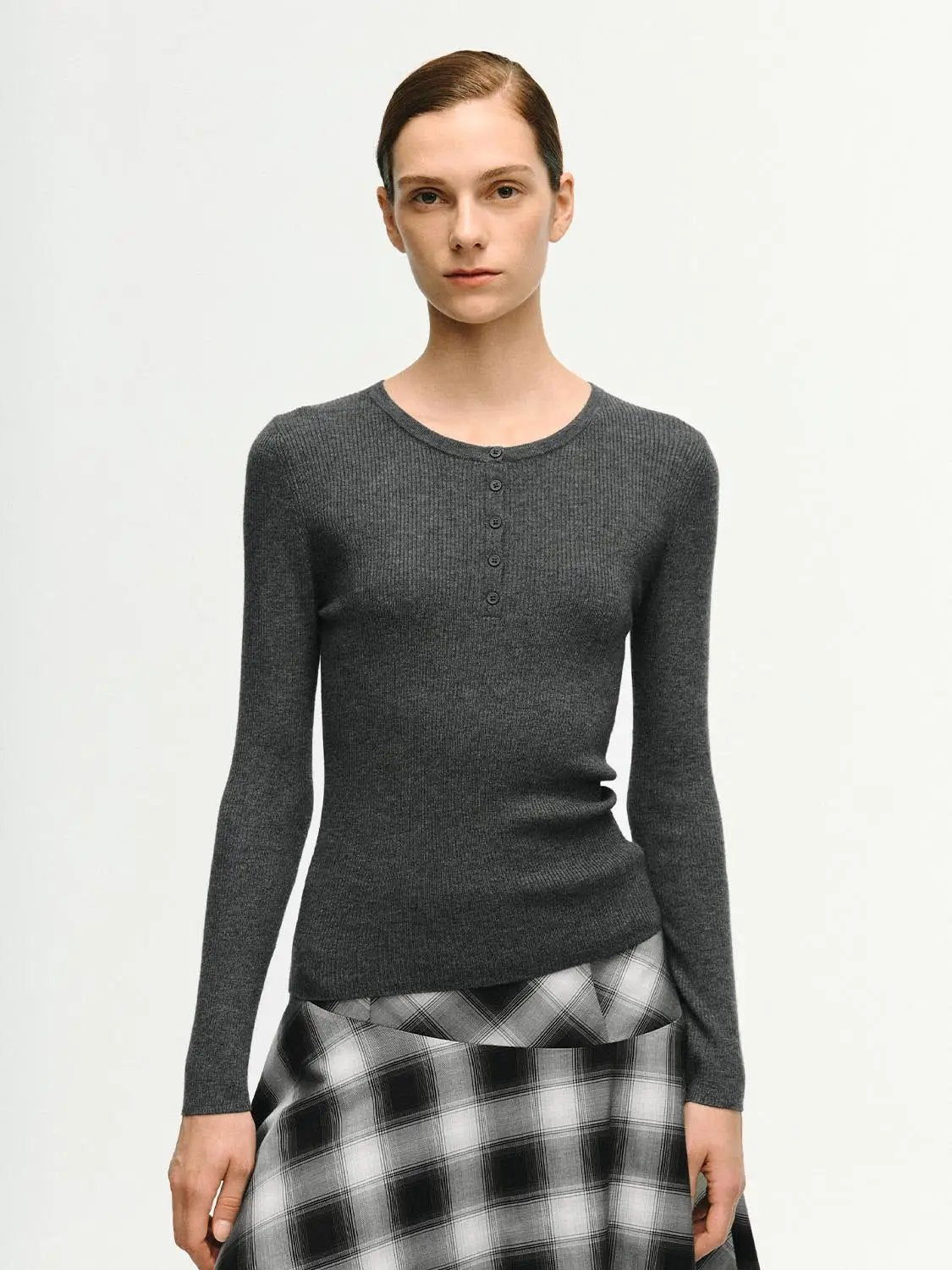 Slim Ribbed Button Front Long Sleeve T-Shirt