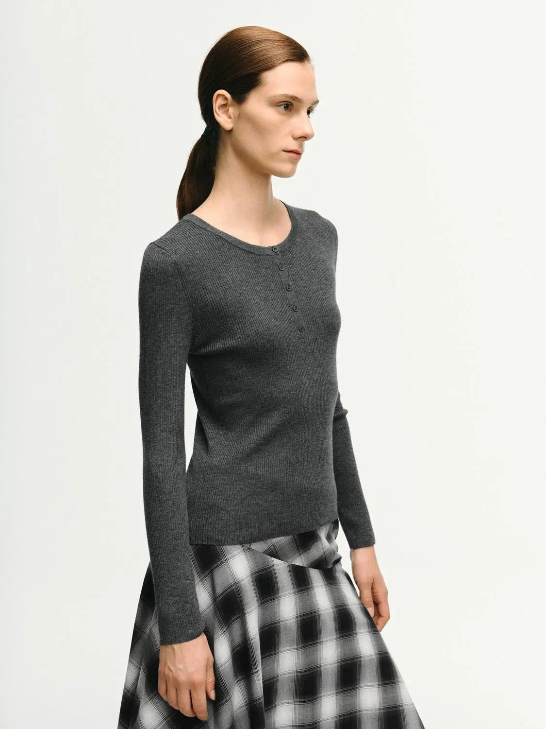 Slim Ribbed Button Front Long Sleeve T-Shirt