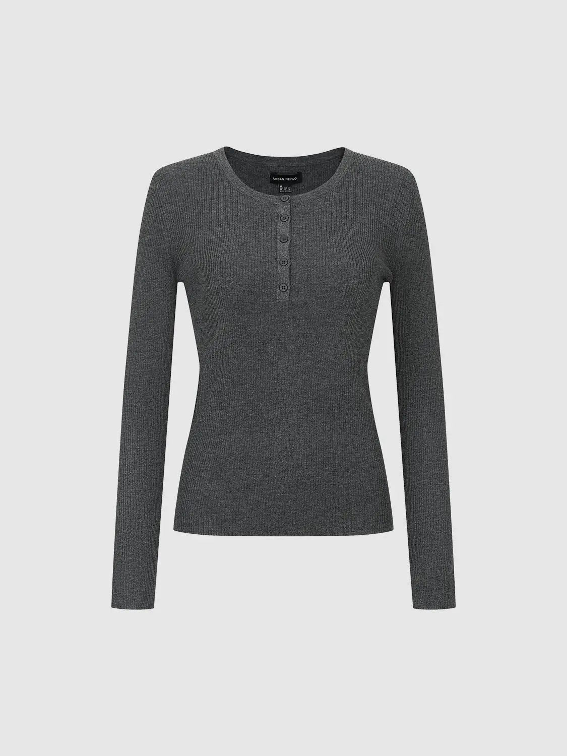 Slim Ribbed Button Front Long Sleeve T-Shirt