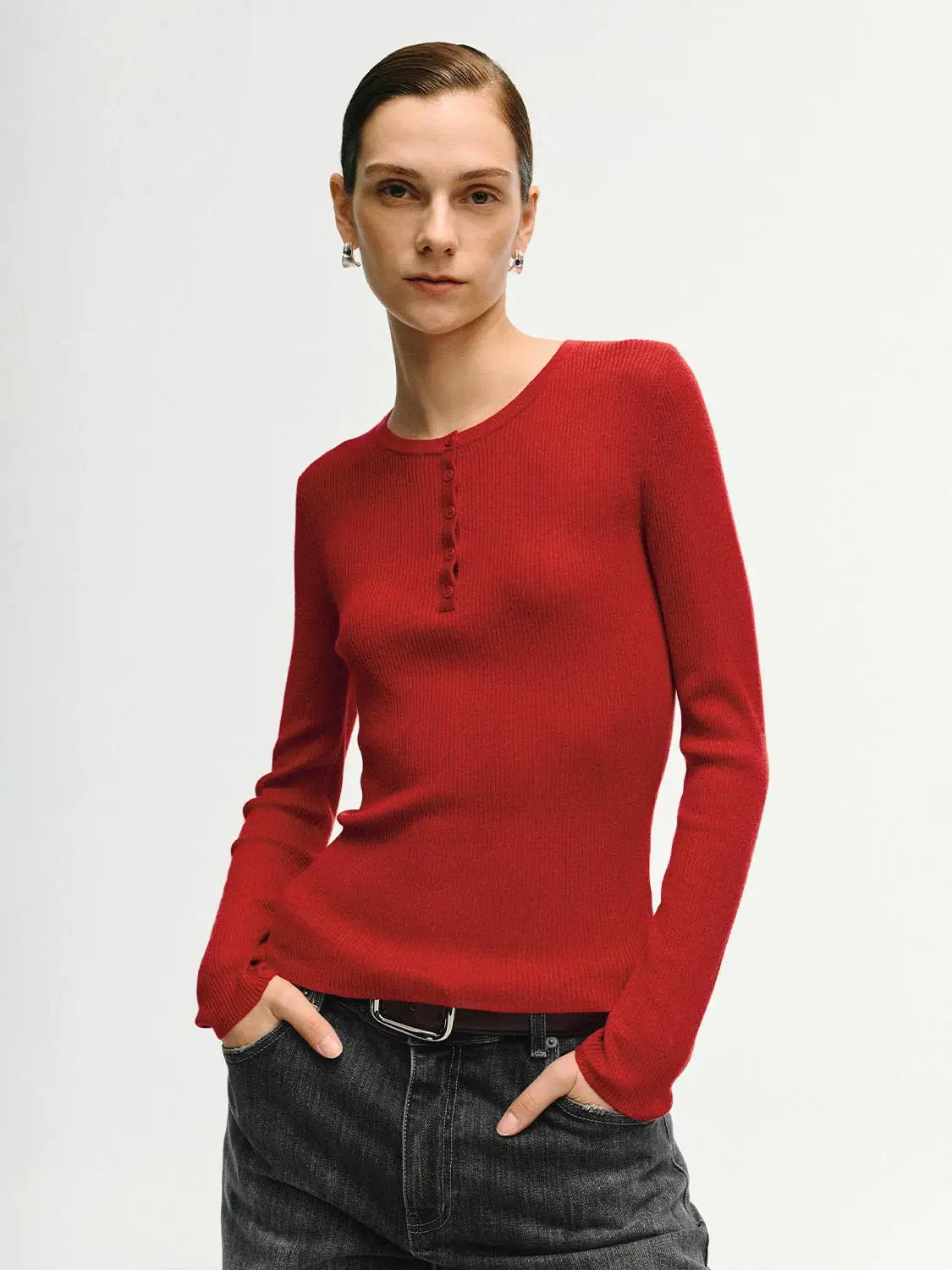 Slim Ribbed Button Front Long Sleeve T-Shirt