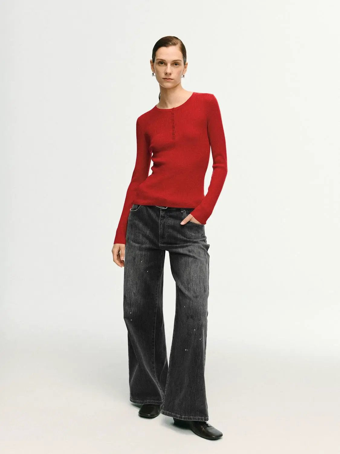 Slim Ribbed Button Front Long Sleeve T-Shirt