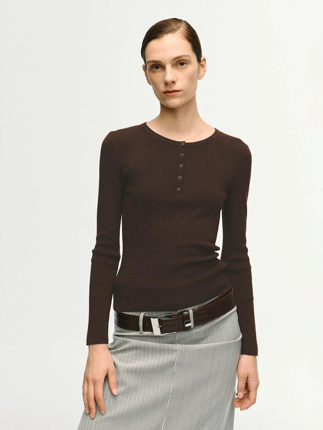 Slim Ribbed Button Front Long Sleeve T-Shirt