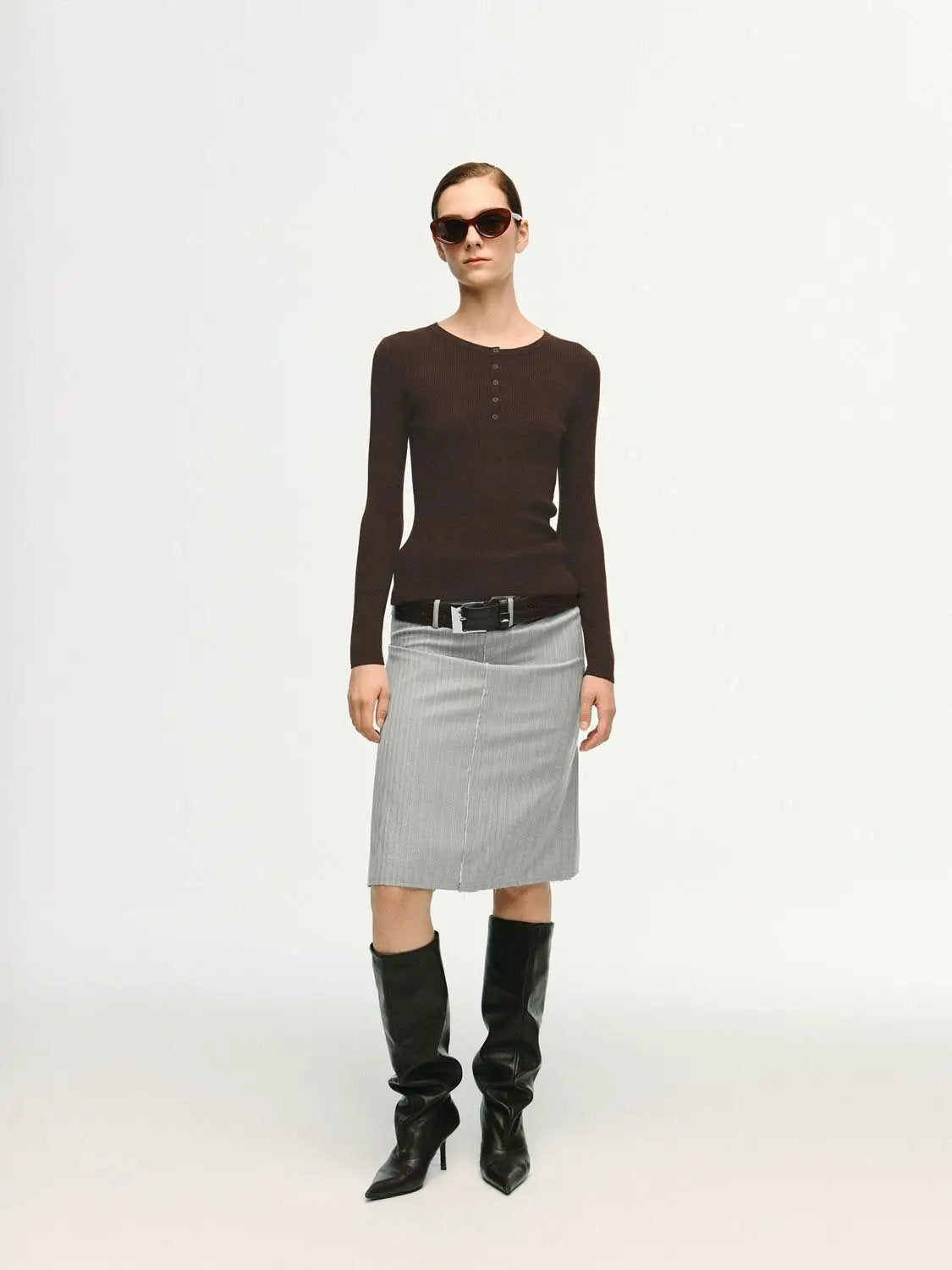 Slim Ribbed Button Front Long Sleeve T-Shirt