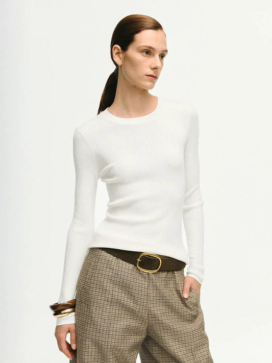 Ribbed Fitted Long Sleeve Crew Neck T-Shirt
