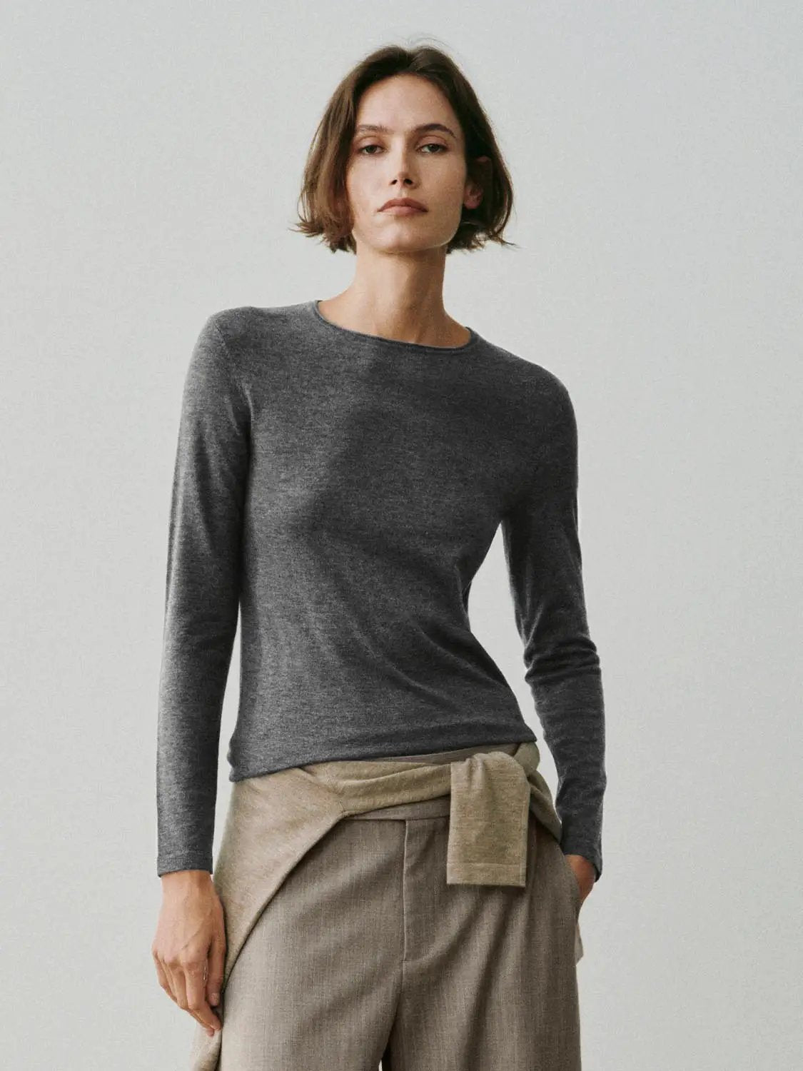 Ribbed Fitted Crew Neck Long Sleeve Knit T-Shirt