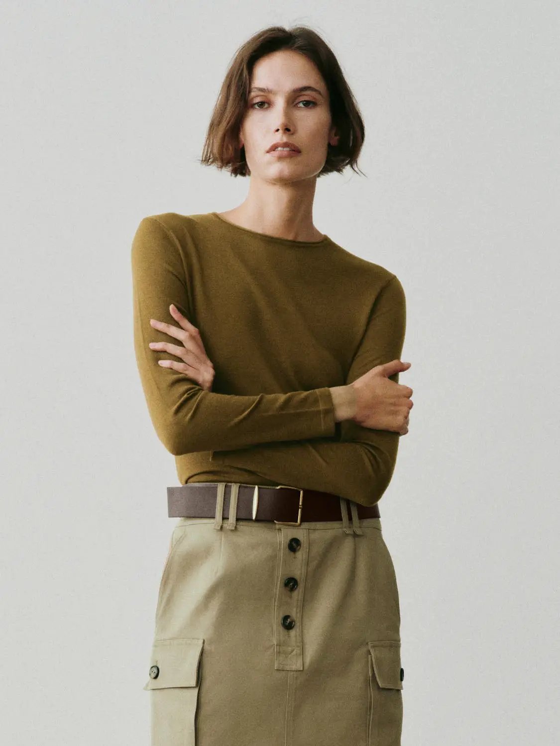 Ribbed Fitted Crew Neck Long Sleeve Knit T-Shirt