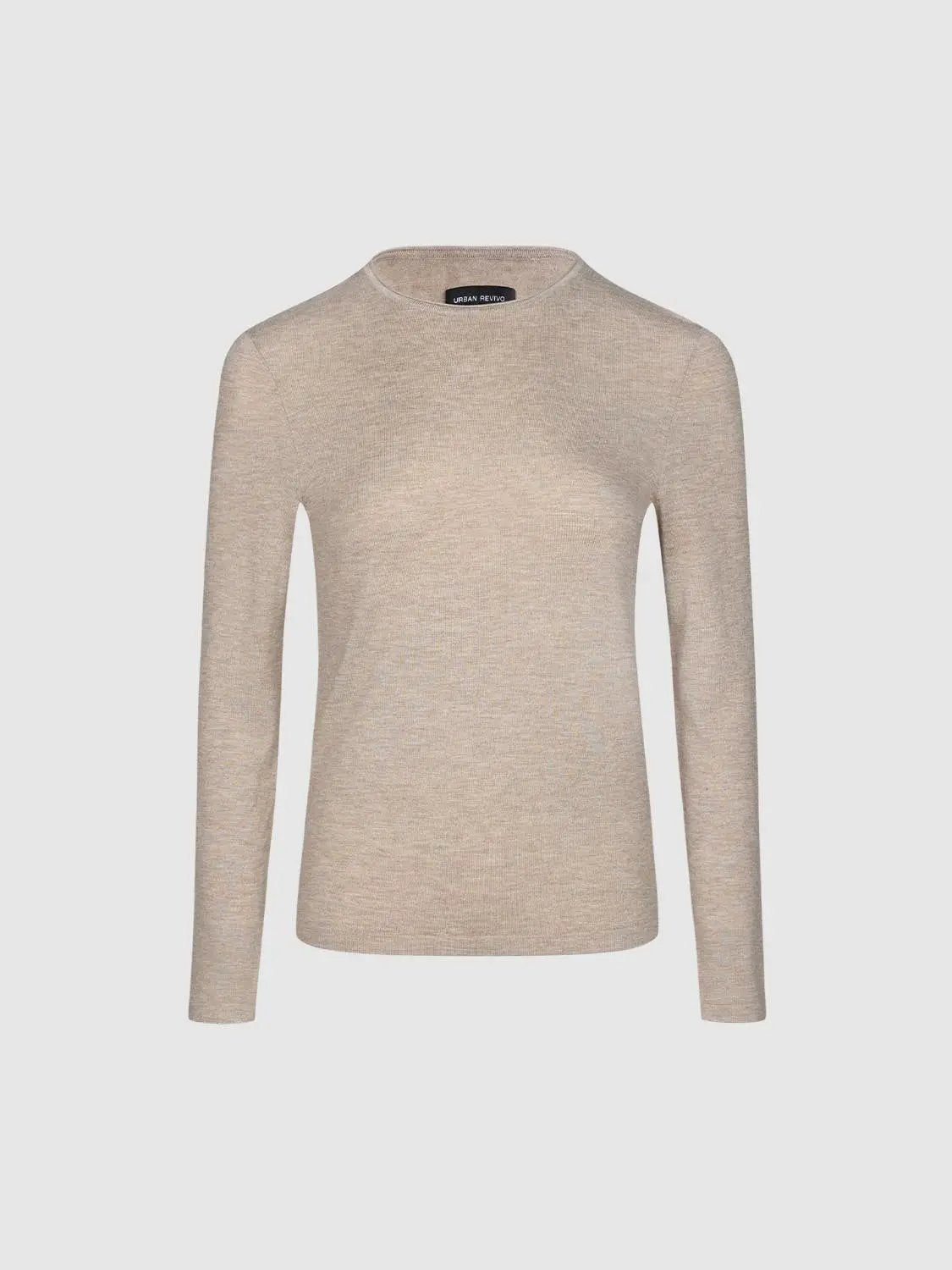 Ribbed Fitted Crew Neck Long Sleeve Knit T-Shirt