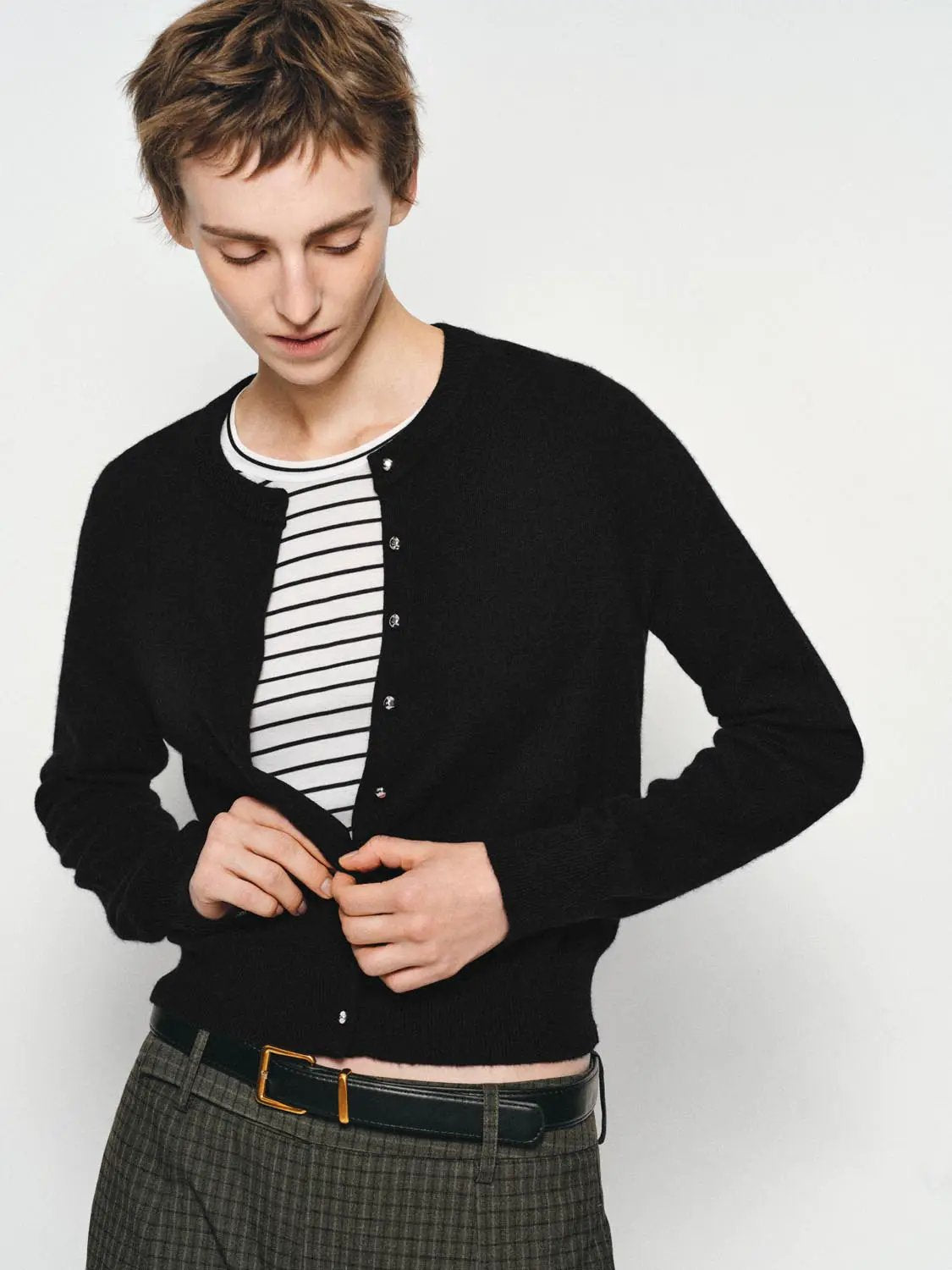 Ribbed Button Front Crew Neck Long Sleeve Cardigan
