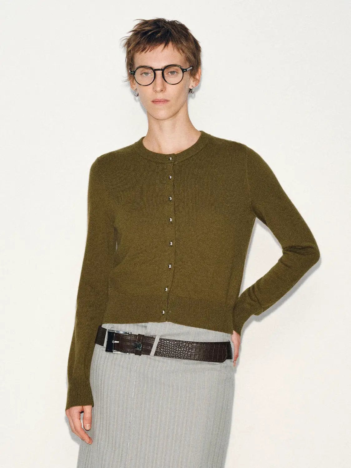 Ribbed Button Front Crew Neck Long Sleeve Cardigan