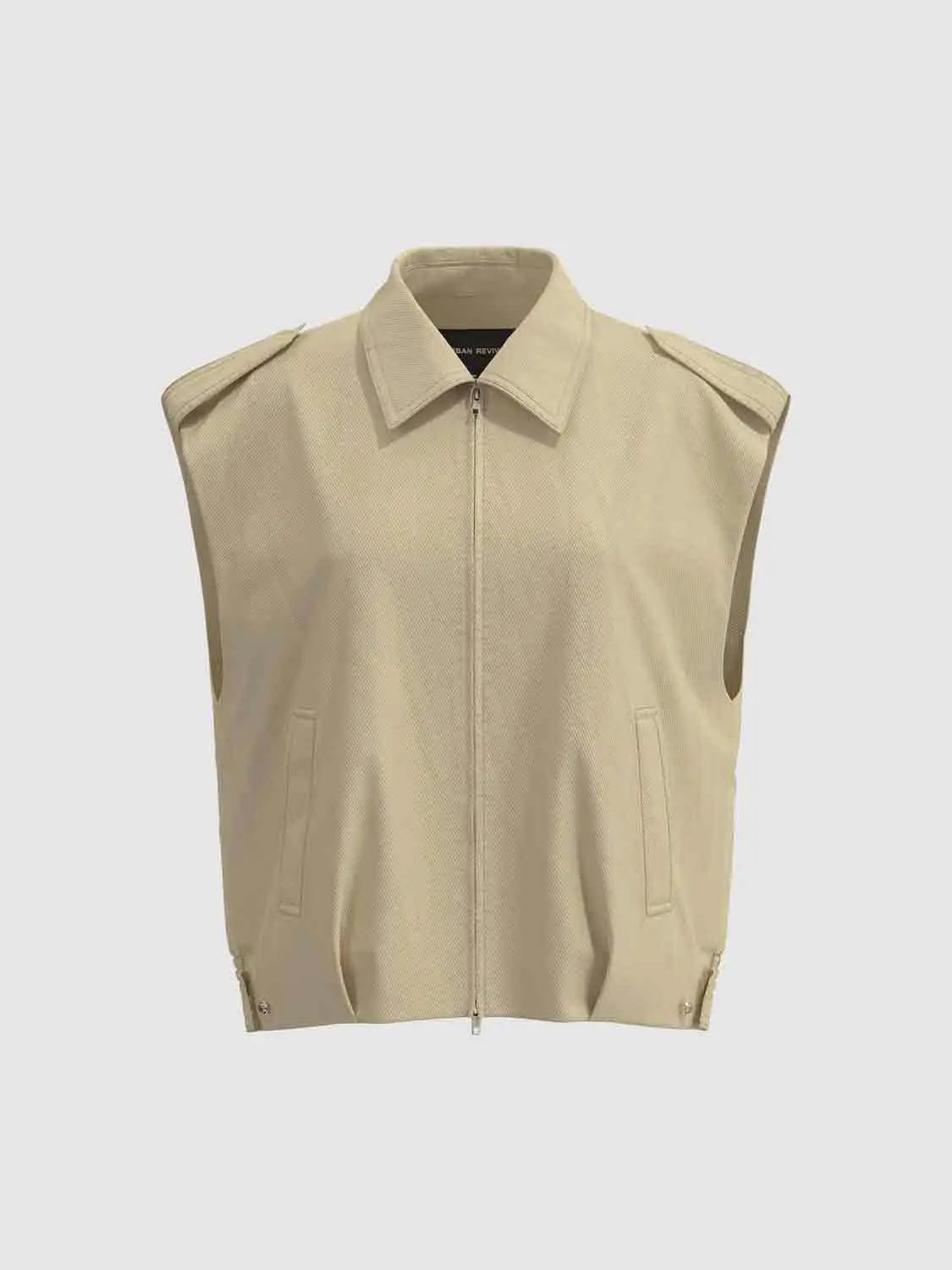 Point Collar Epaulet Detail Zip Front Sleeveless Vest