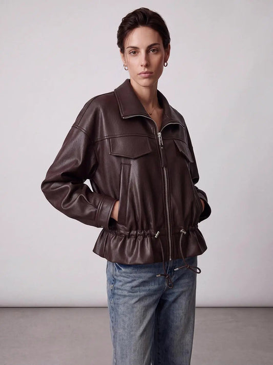 Lapel Collar Drawstring Pocket Leather Look Bomber Jacket