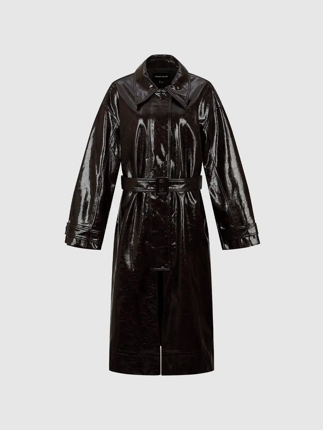 Glossy Shirt Collar Long Sleeve Belted Trench Coat