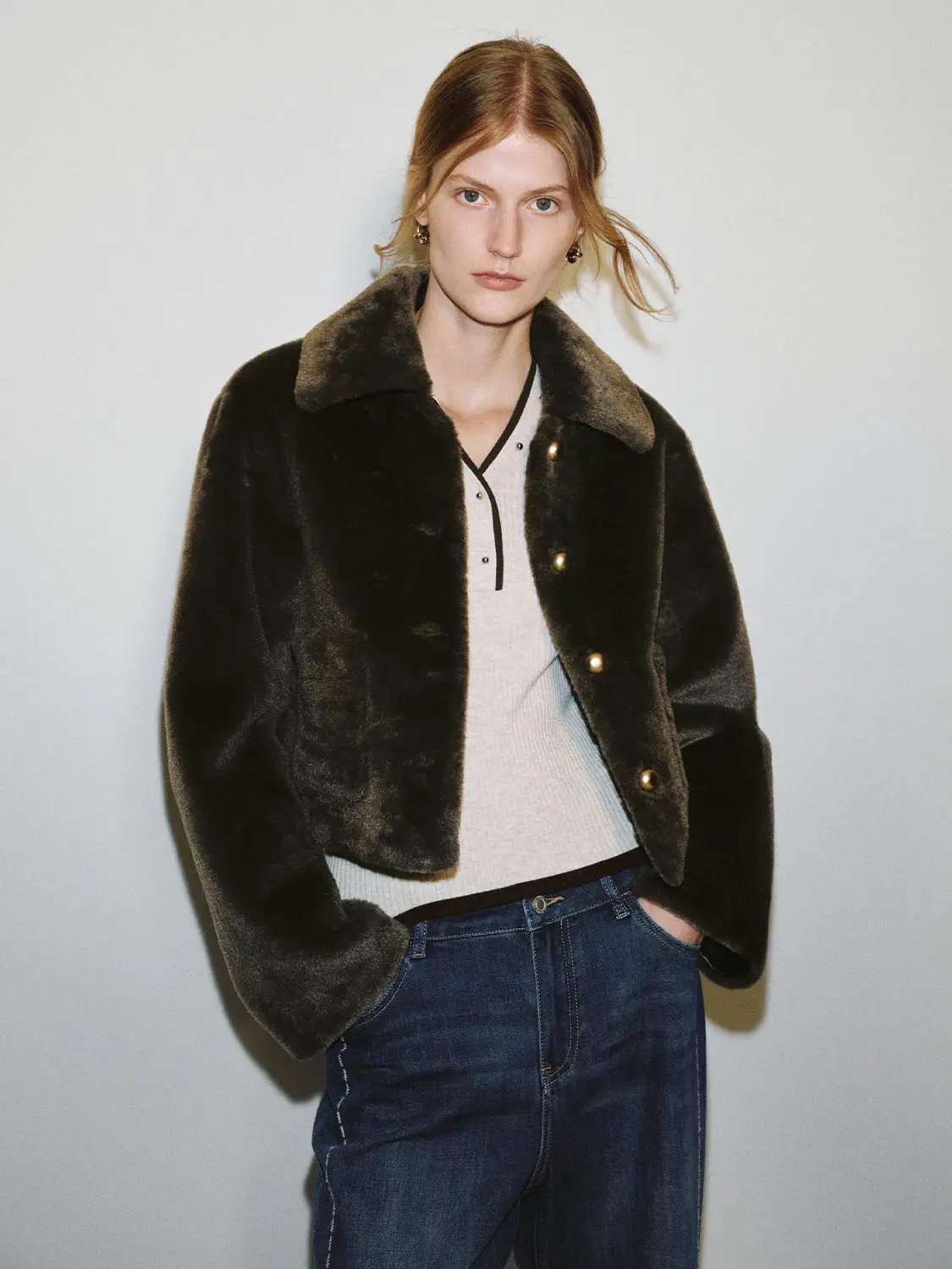 Faux Fur Notched Collar Long Sleeve Button Front Jacket