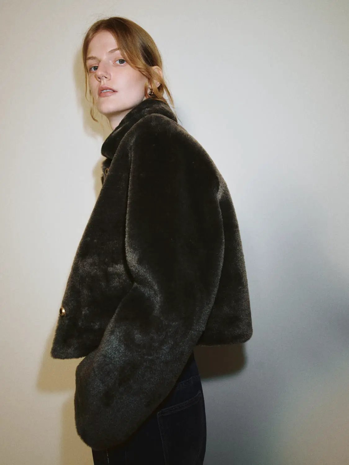 Faux Fur Notched Collar Long Sleeve Button Front Jacket