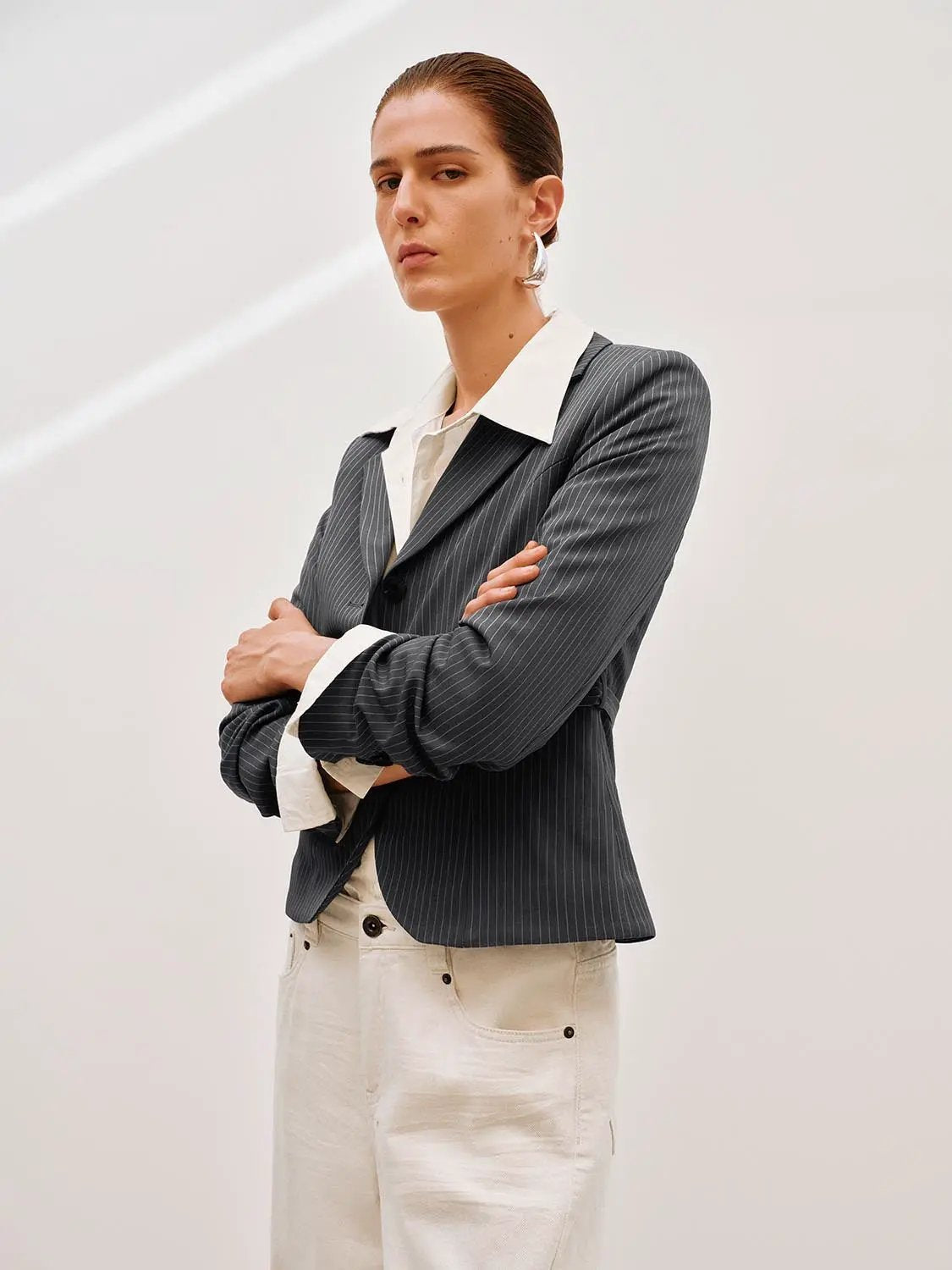 Pinstriped Belted Structured Tailored Blazer