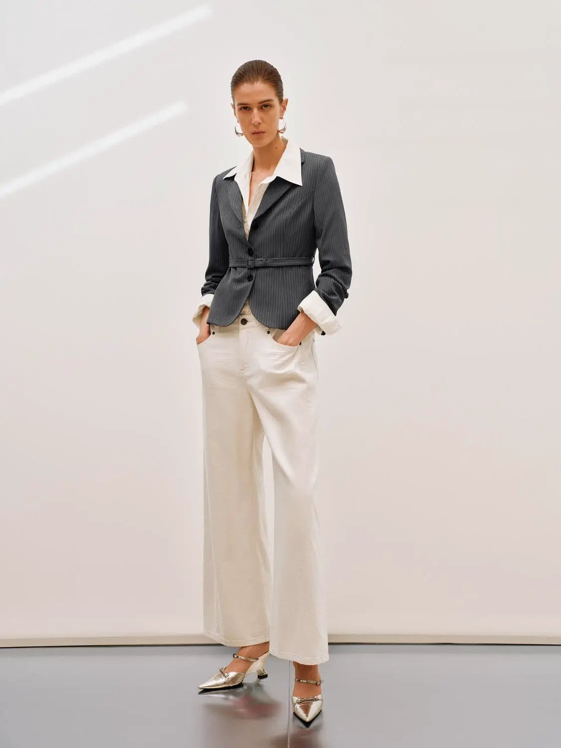 Pinstriped Belted Structured Tailored Blazer