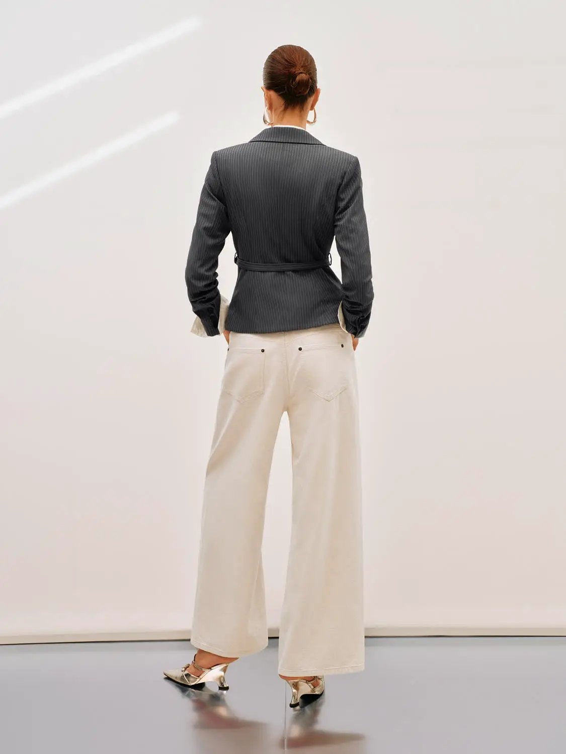 Pinstriped Belted Structured Tailored Blazer
