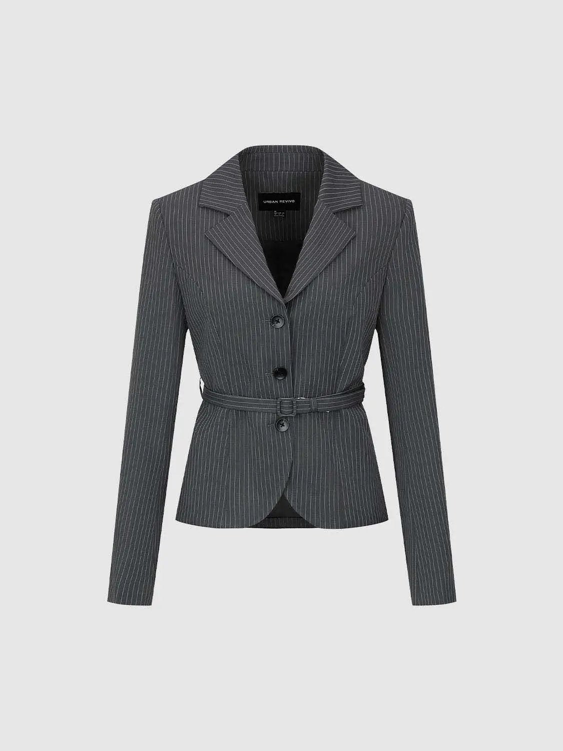 Pinstriped Belted Structured Tailored Blazer