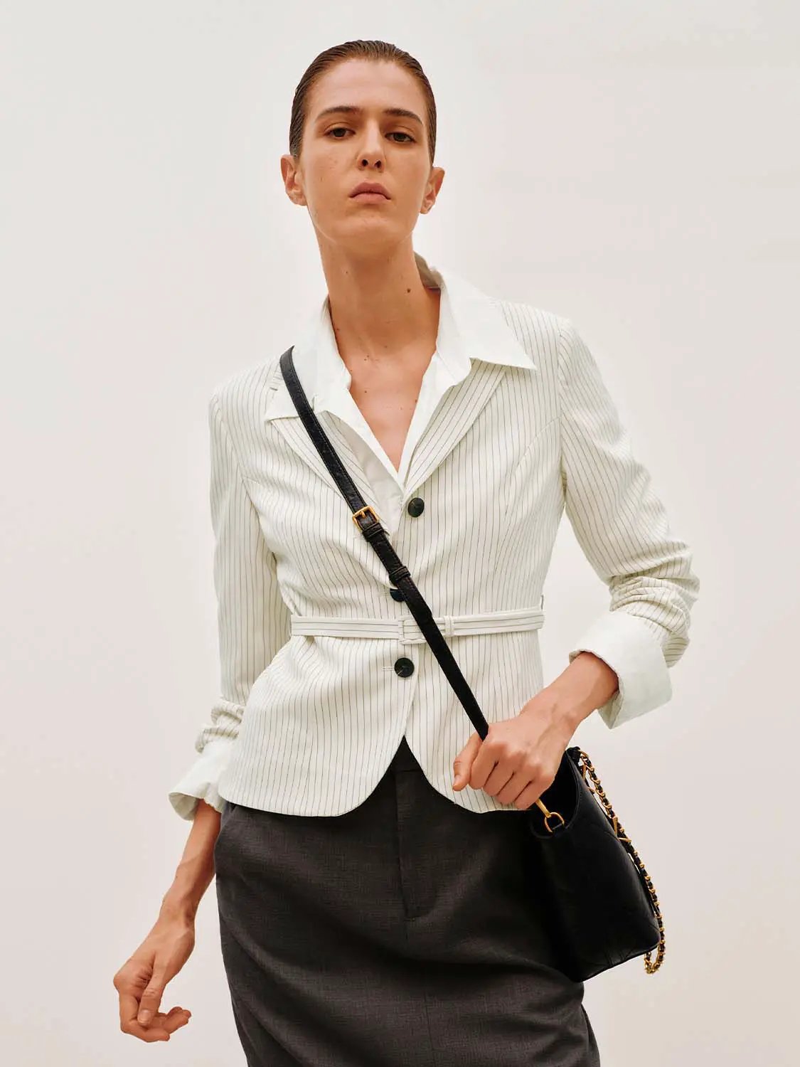 Pinstriped Belted Structured Tailored Blazer