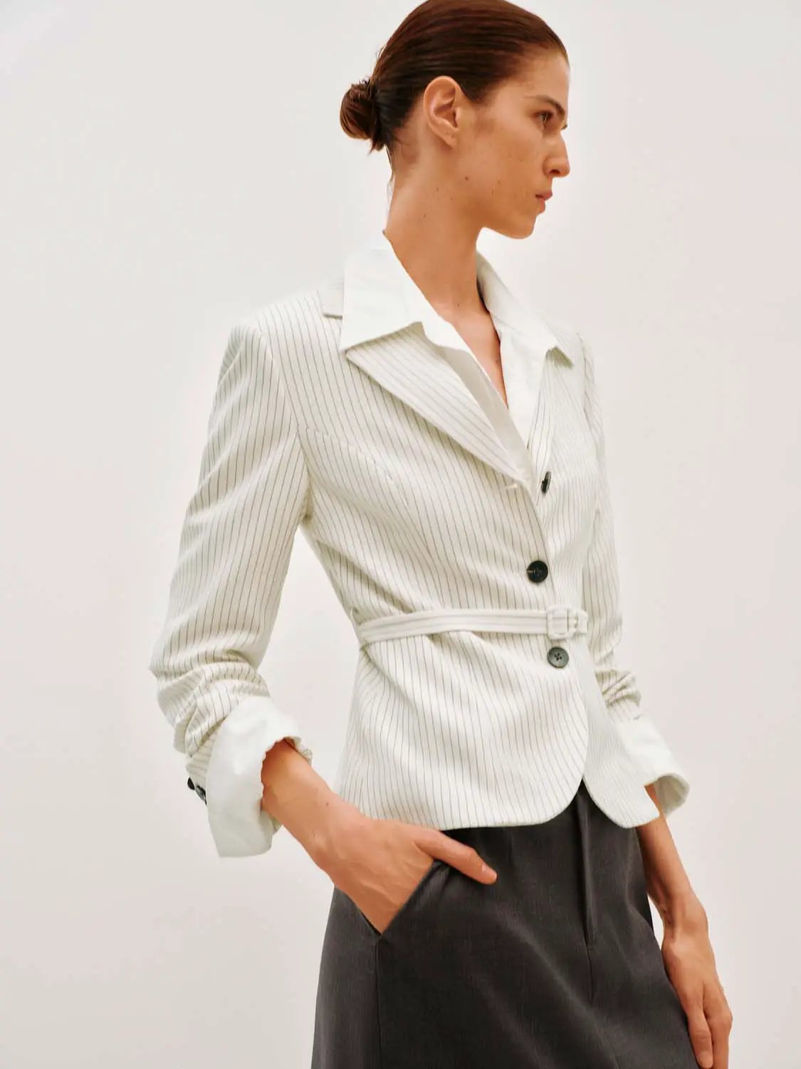 Pinstriped Belted Structured Tailored Blazer