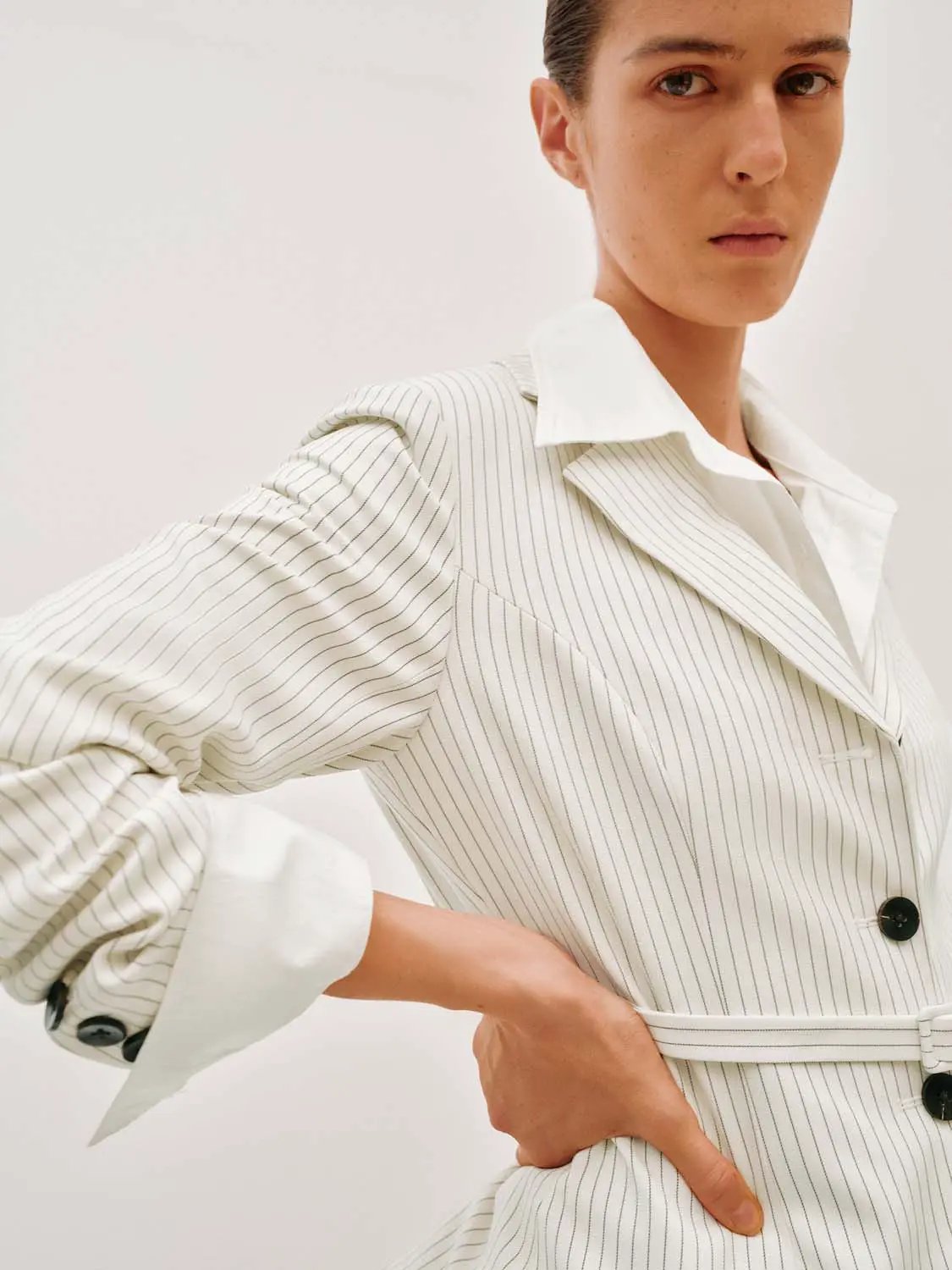 Pinstriped Belted Structured Tailored Blazer