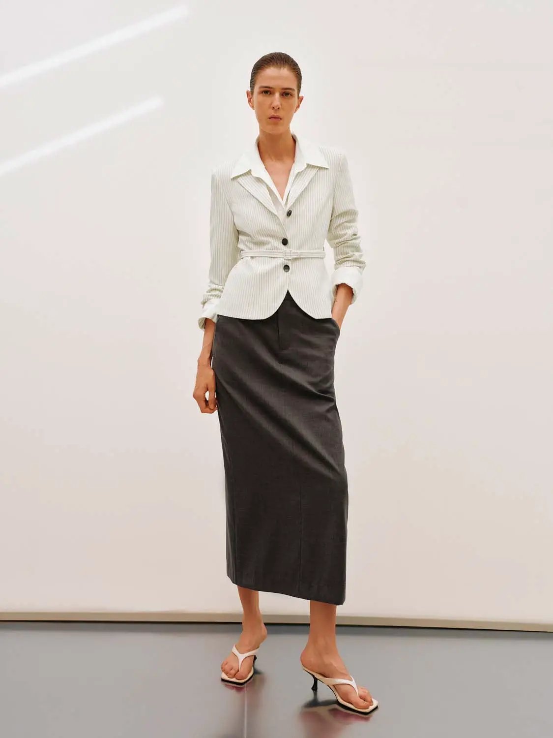 Pinstriped Belted Structured Tailored Blazer