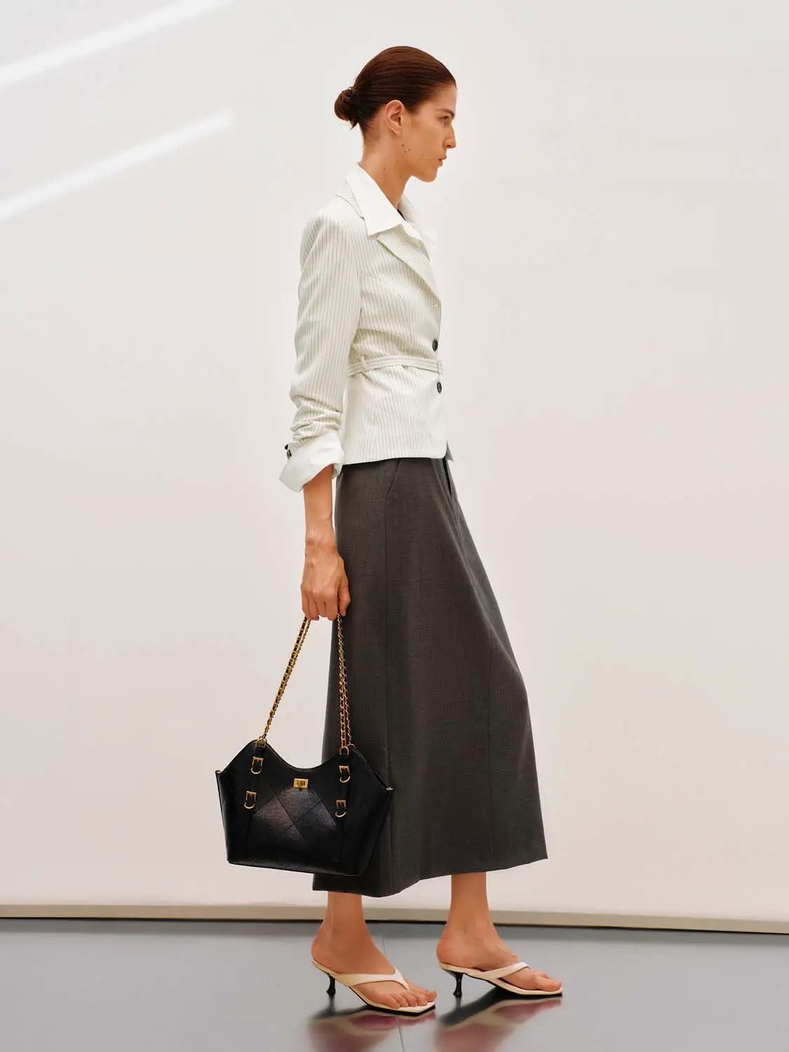 Pinstriped Belted Structured Tailored Blazer