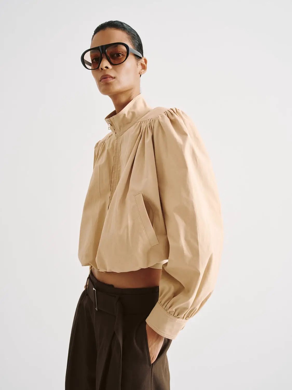 Cropped Puff Sleeve Zip Front Cotton Jacket