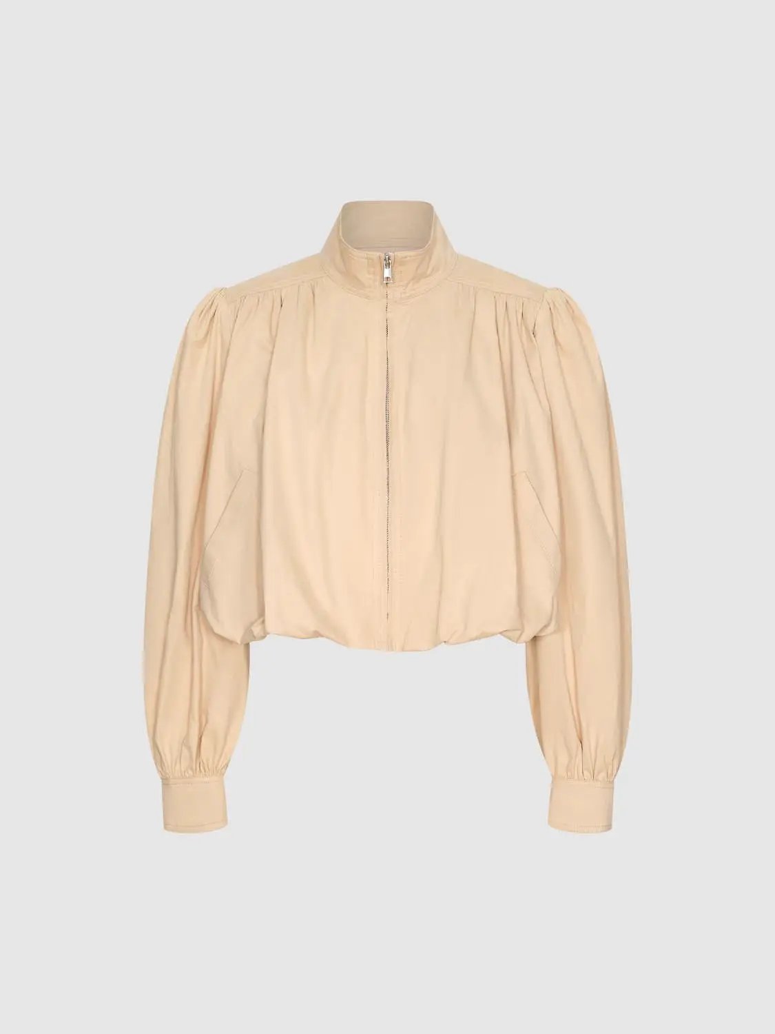Cropped Puff Sleeve Zip Front Cotton Jacket