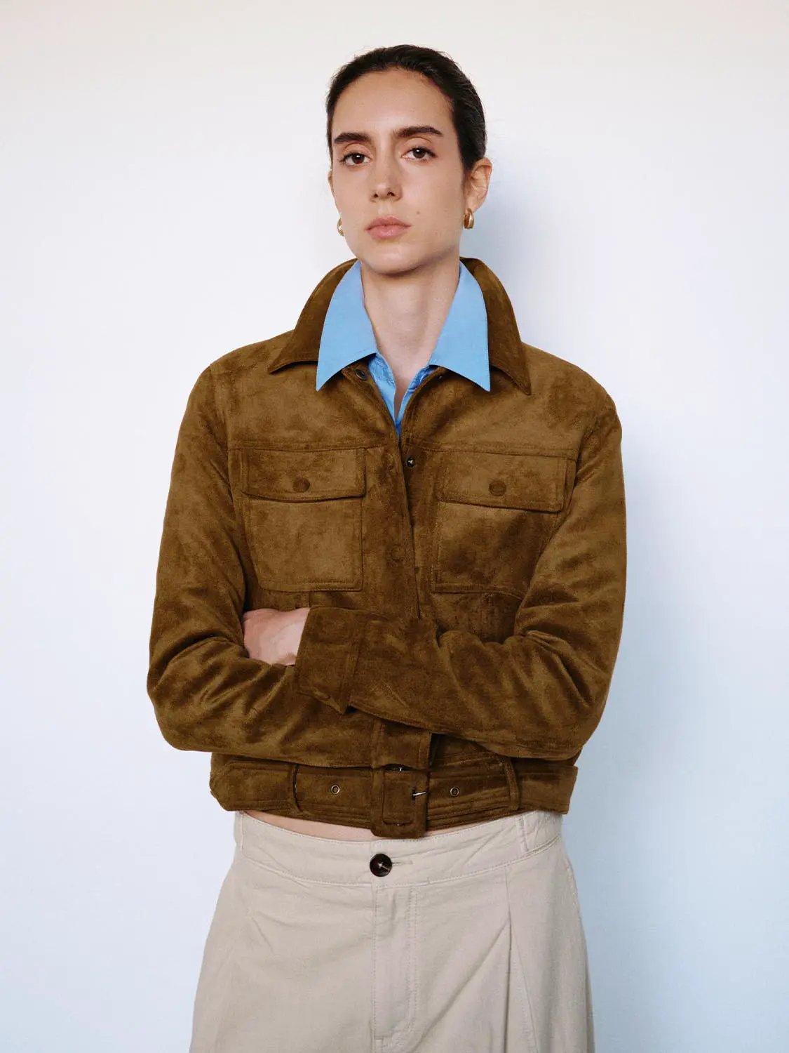 Belted Long Sleeve Textured Shirt Collar Jacket