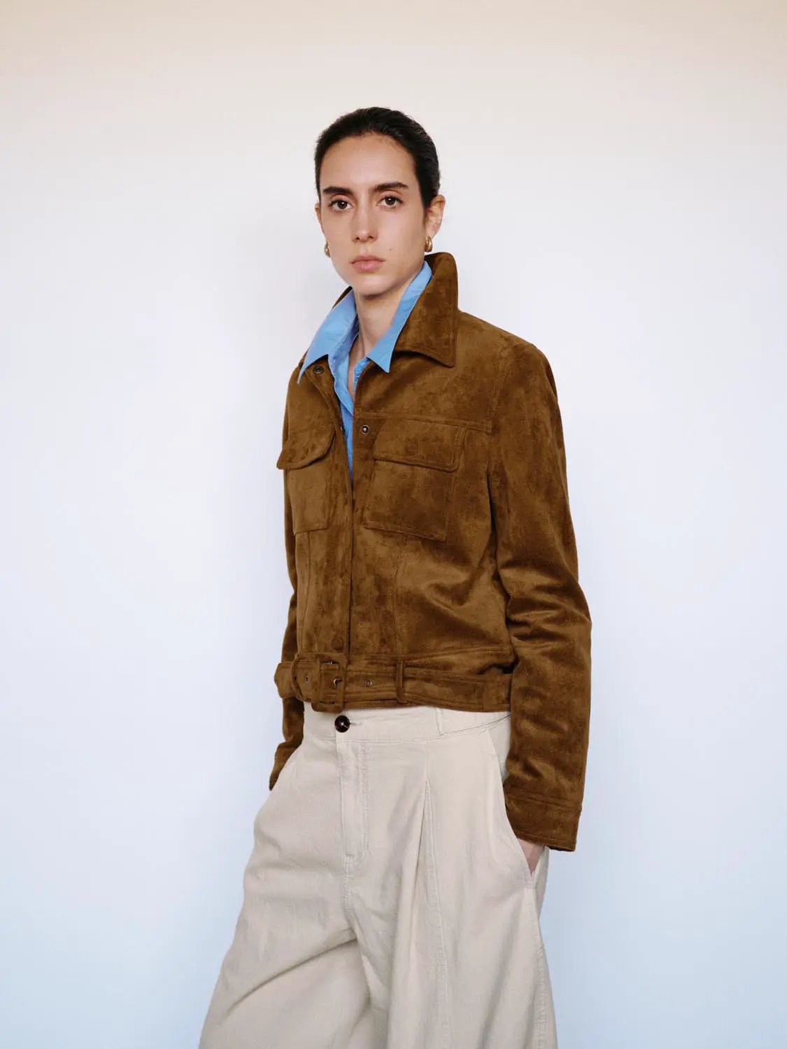 Belted Long Sleeve Textured Shirt Collar Jacket