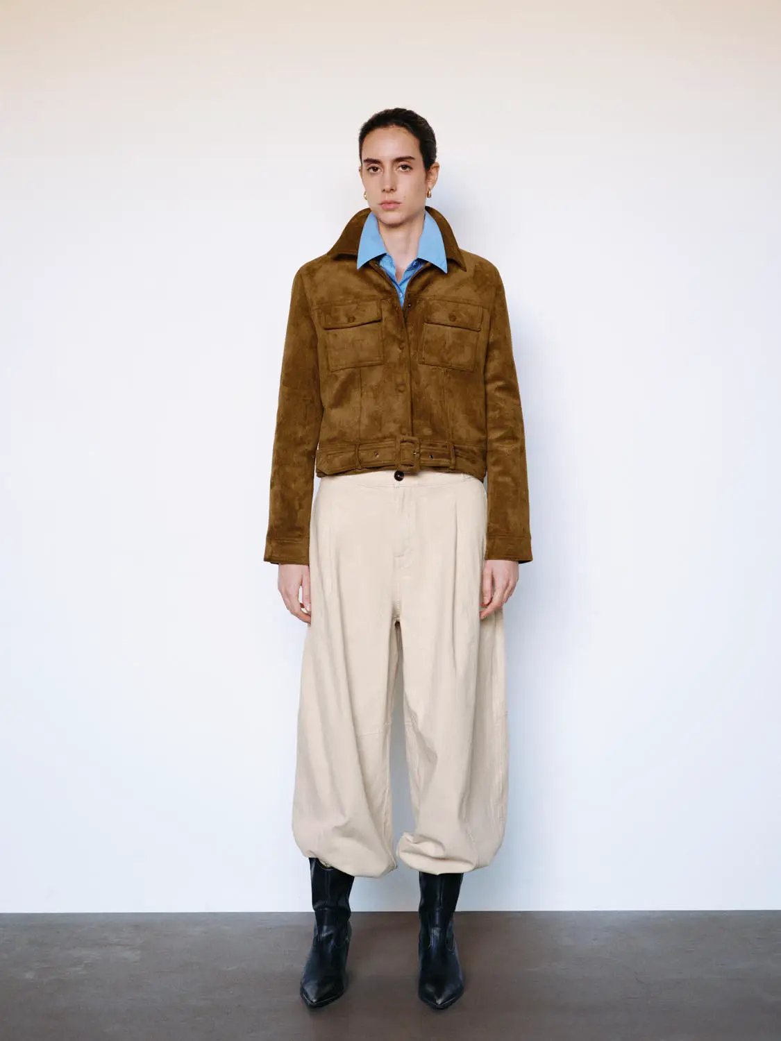 Belted Long Sleeve Textured Shirt Collar Jacket