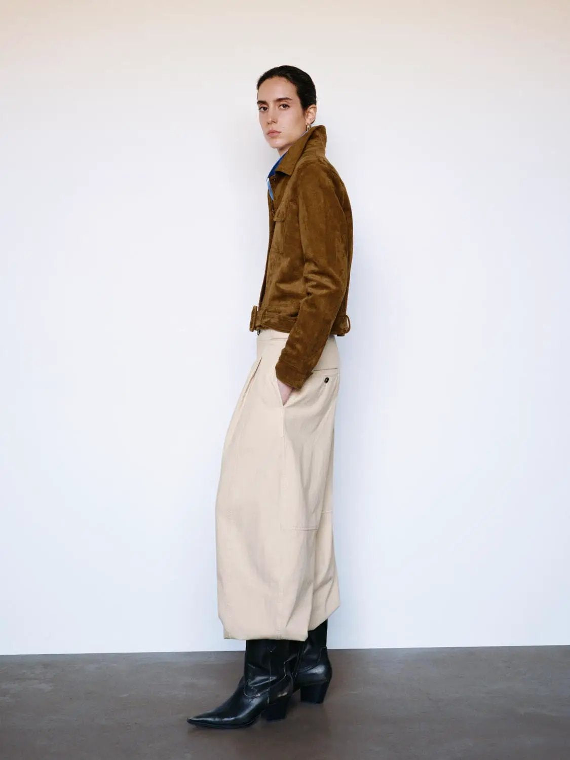 Belted Long Sleeve Textured Shirt Collar Jacket