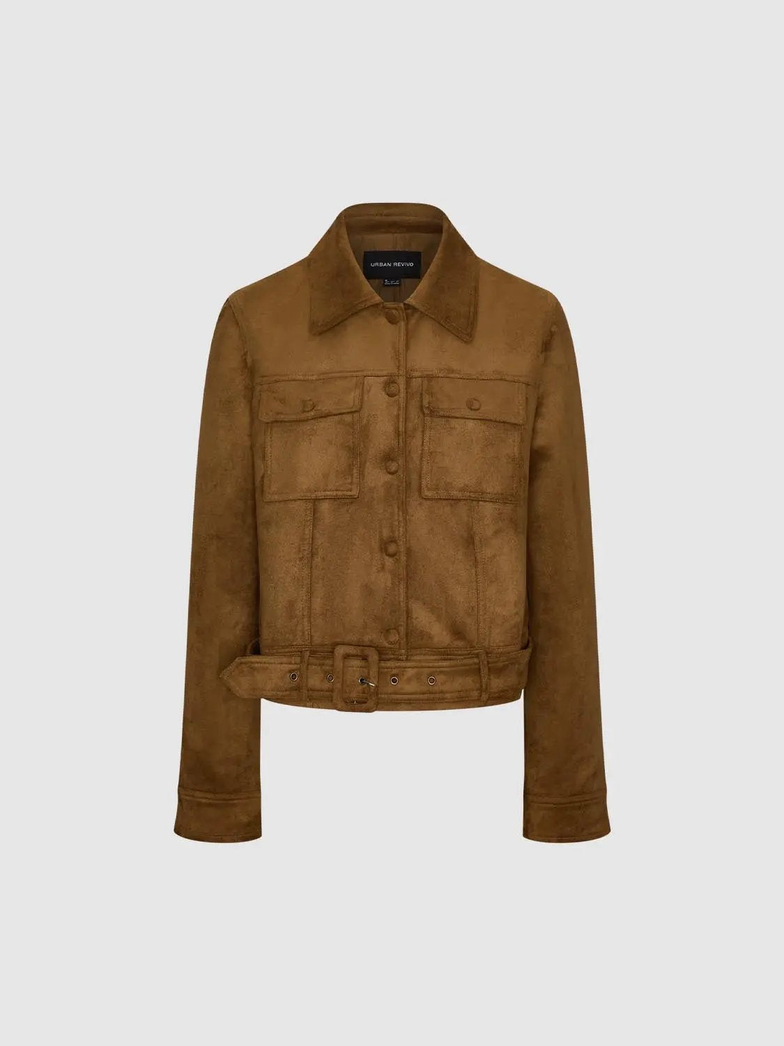 Belted Long Sleeve Textured Shirt Collar Jacket