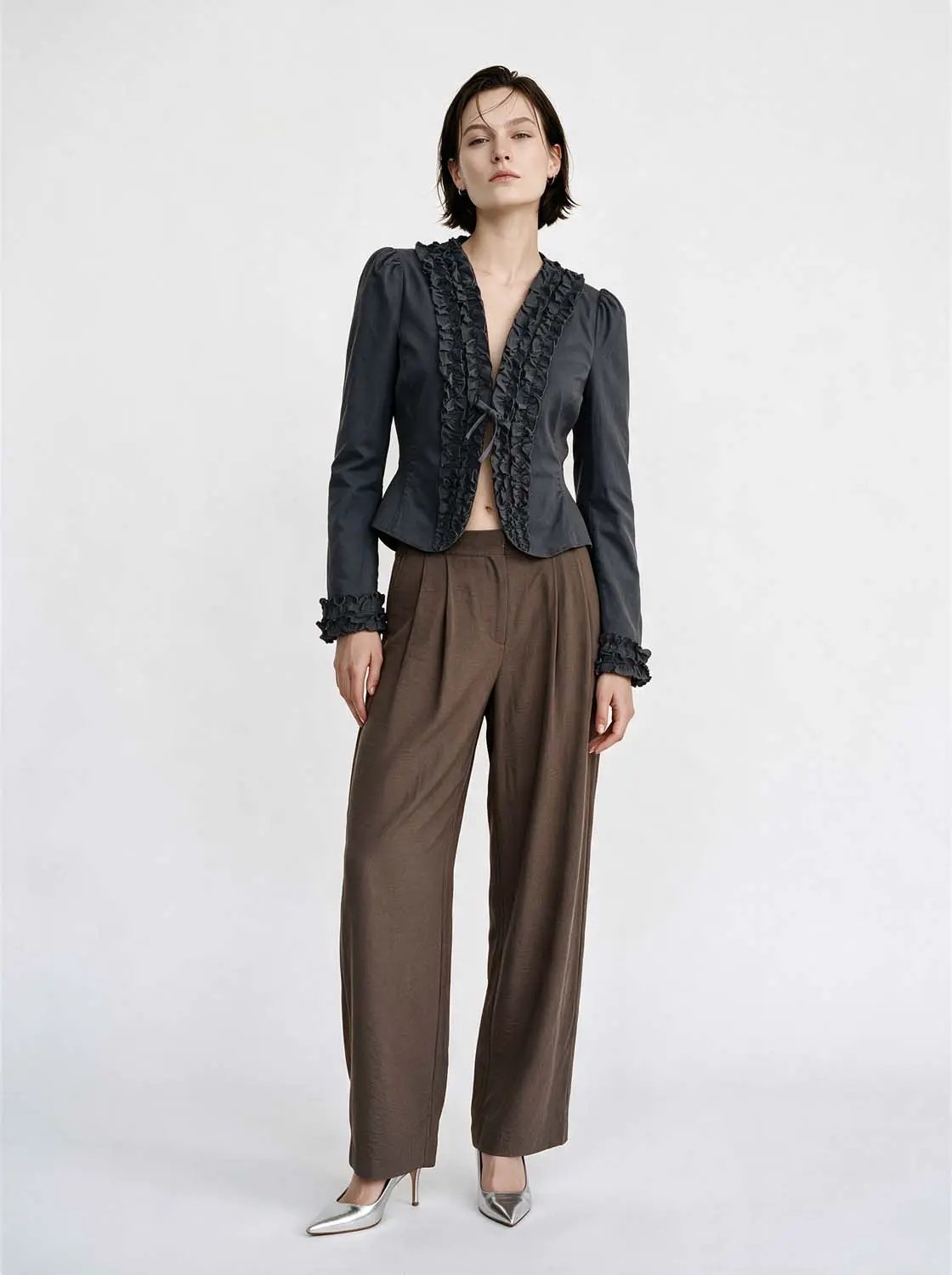 Ruffled Cotton V-neck Tie Front Long Sleeve Jacket