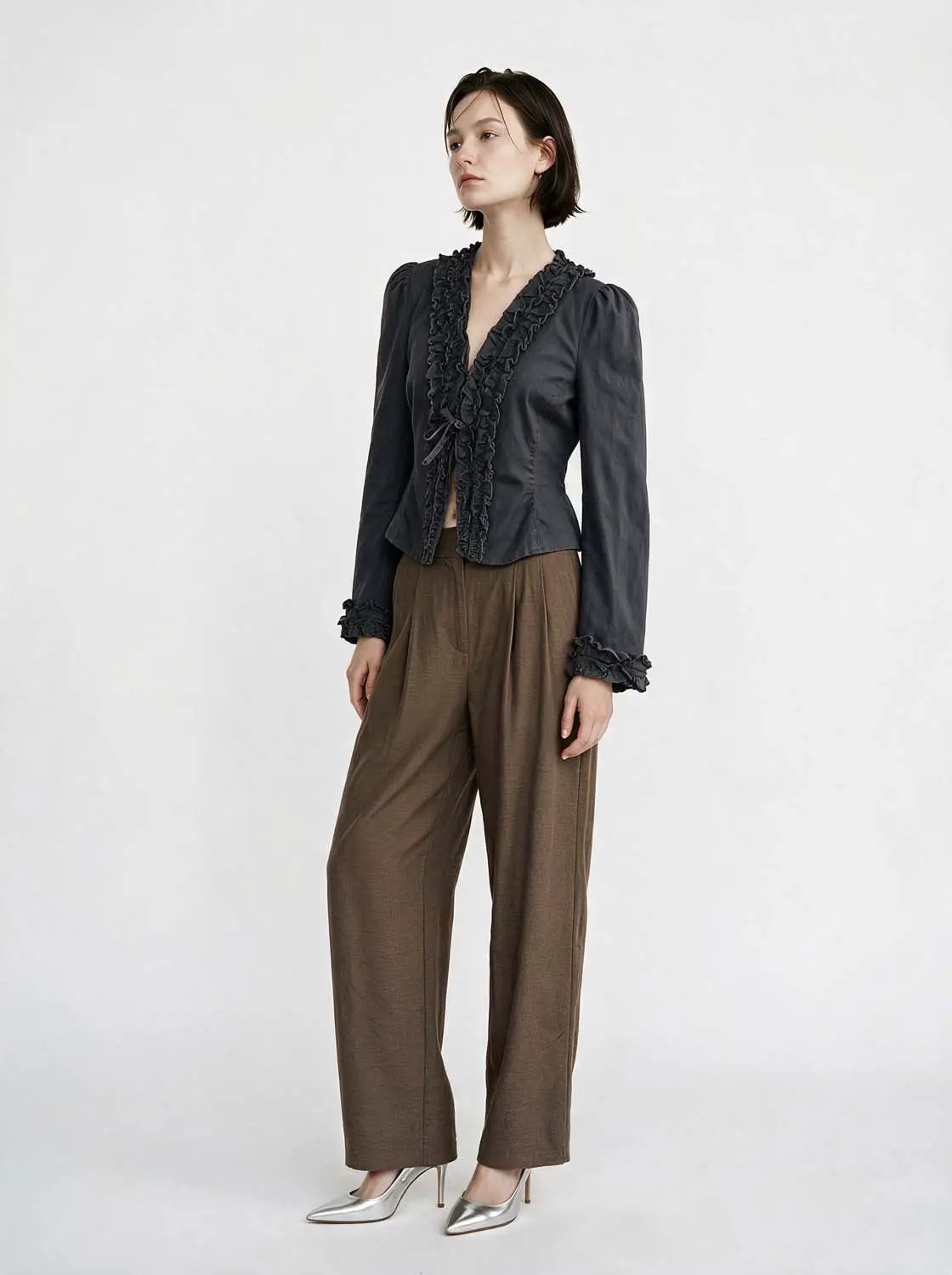 Ruffled Cotton V-neck Tie Front Long Sleeve Jacket