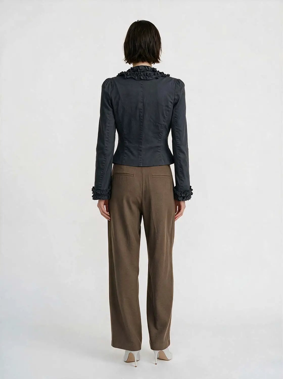 Ruffled Cotton V-neck Tie Front Long Sleeve Jacket