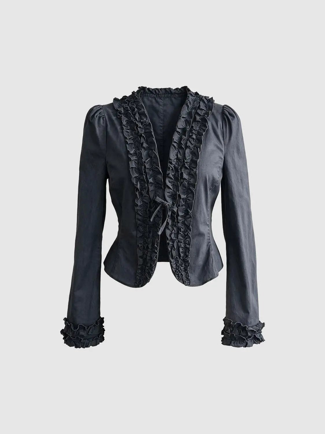 Ruffled Cotton V-neck Tie Front Long Sleeve Jacket