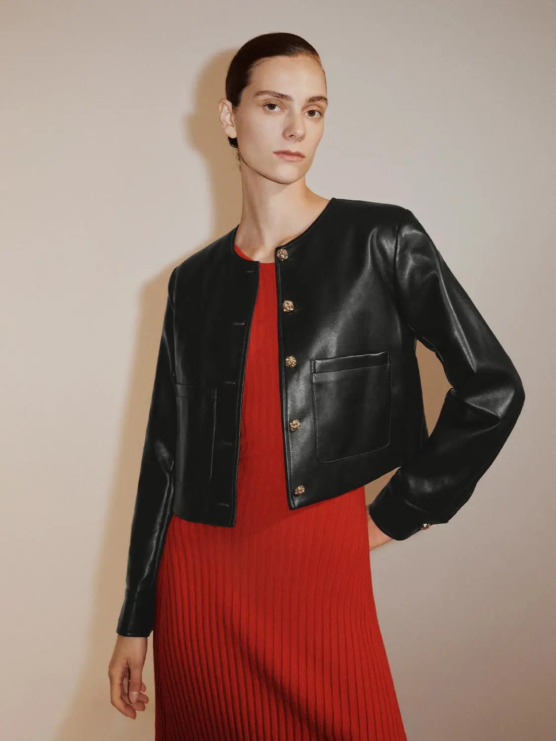 Long Sleeve Crew Neck Button Front Pocket Jacket