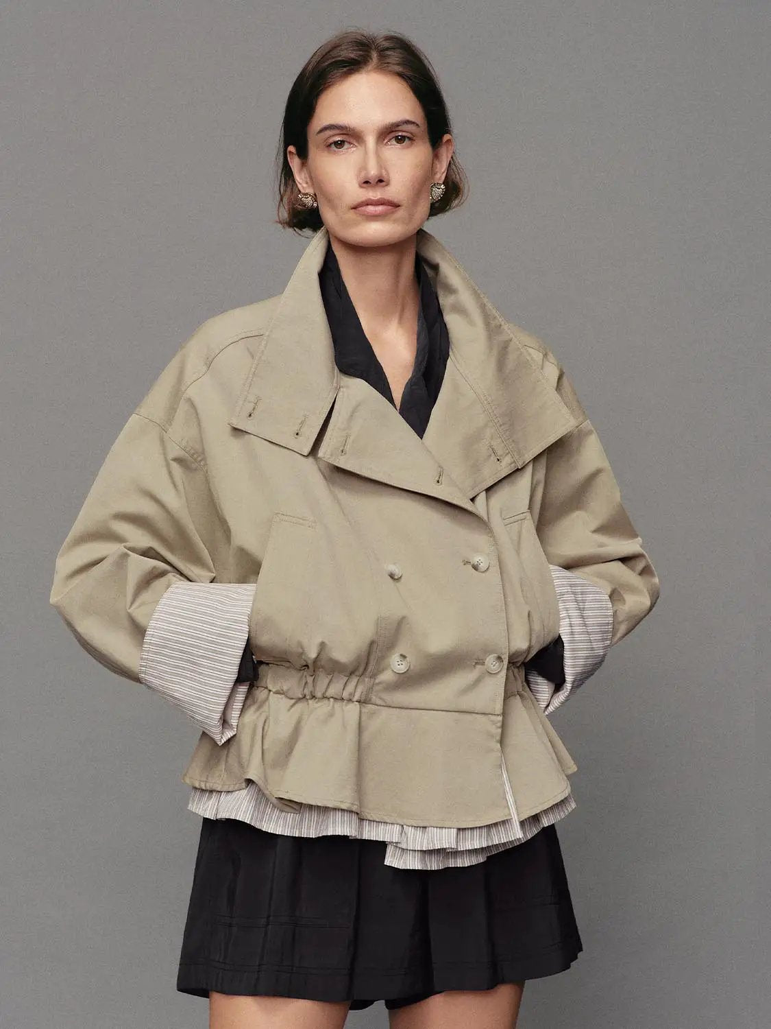 Double-Breasted Wide Collar Cotton Blend Long Sleeve Jacket