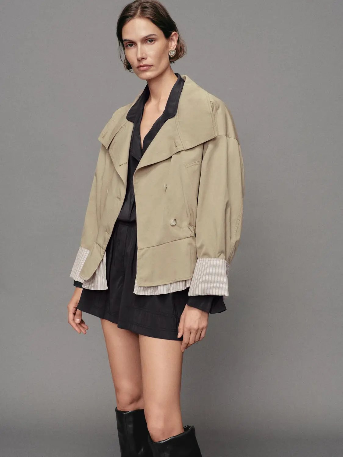 Double-Breasted Wide Collar Cotton Blend Long Sleeve Jacket