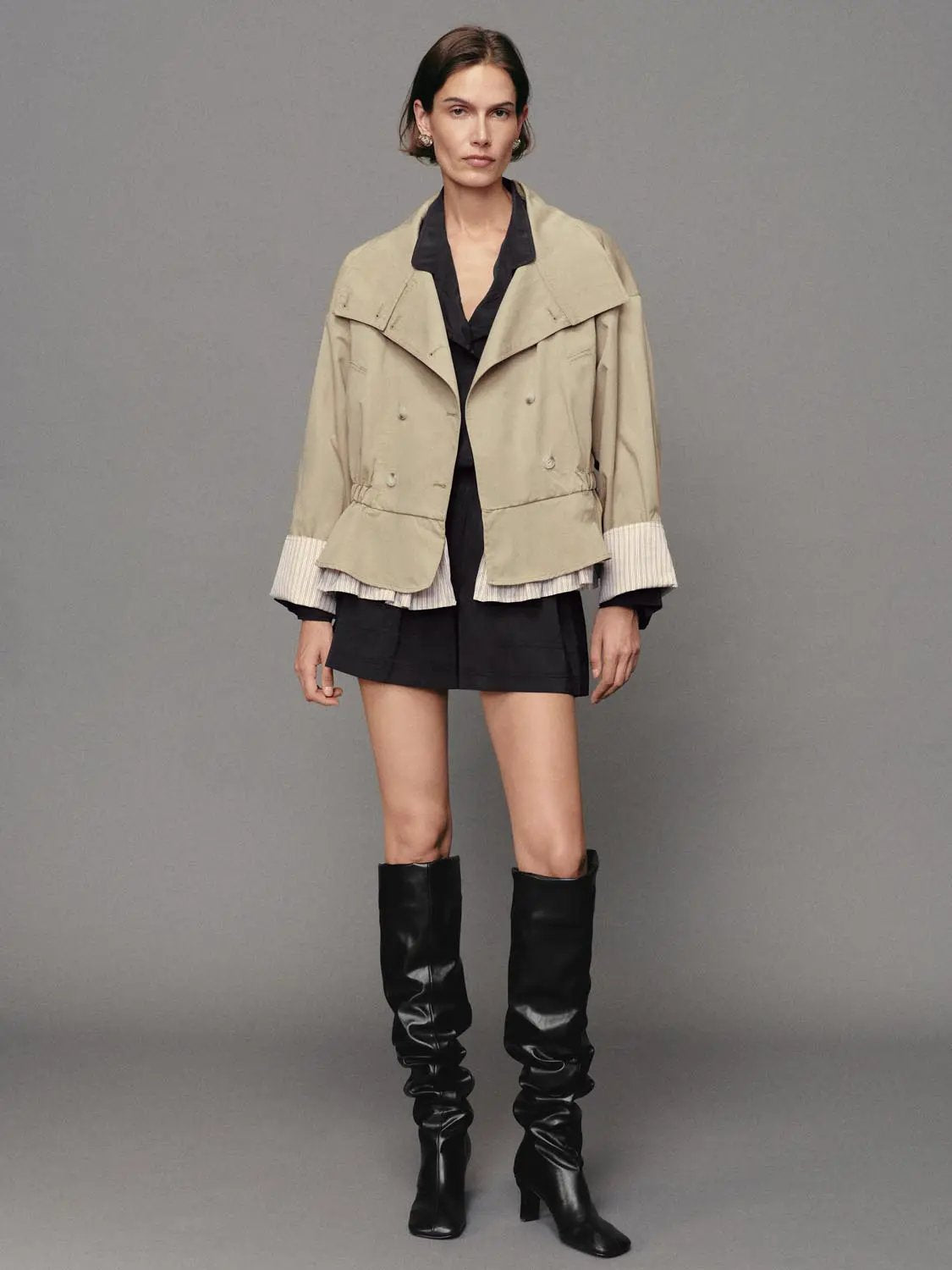 Double-Breasted Wide Collar Cotton Blend Long Sleeve Jacket