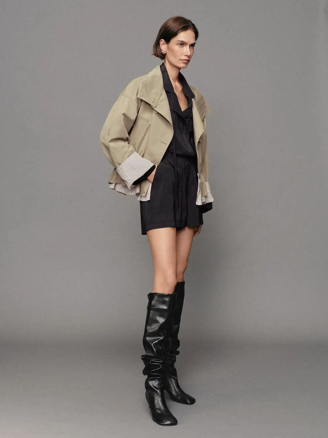 Double-Breasted Wide Collar Cotton Blend Long Sleeve Jacket