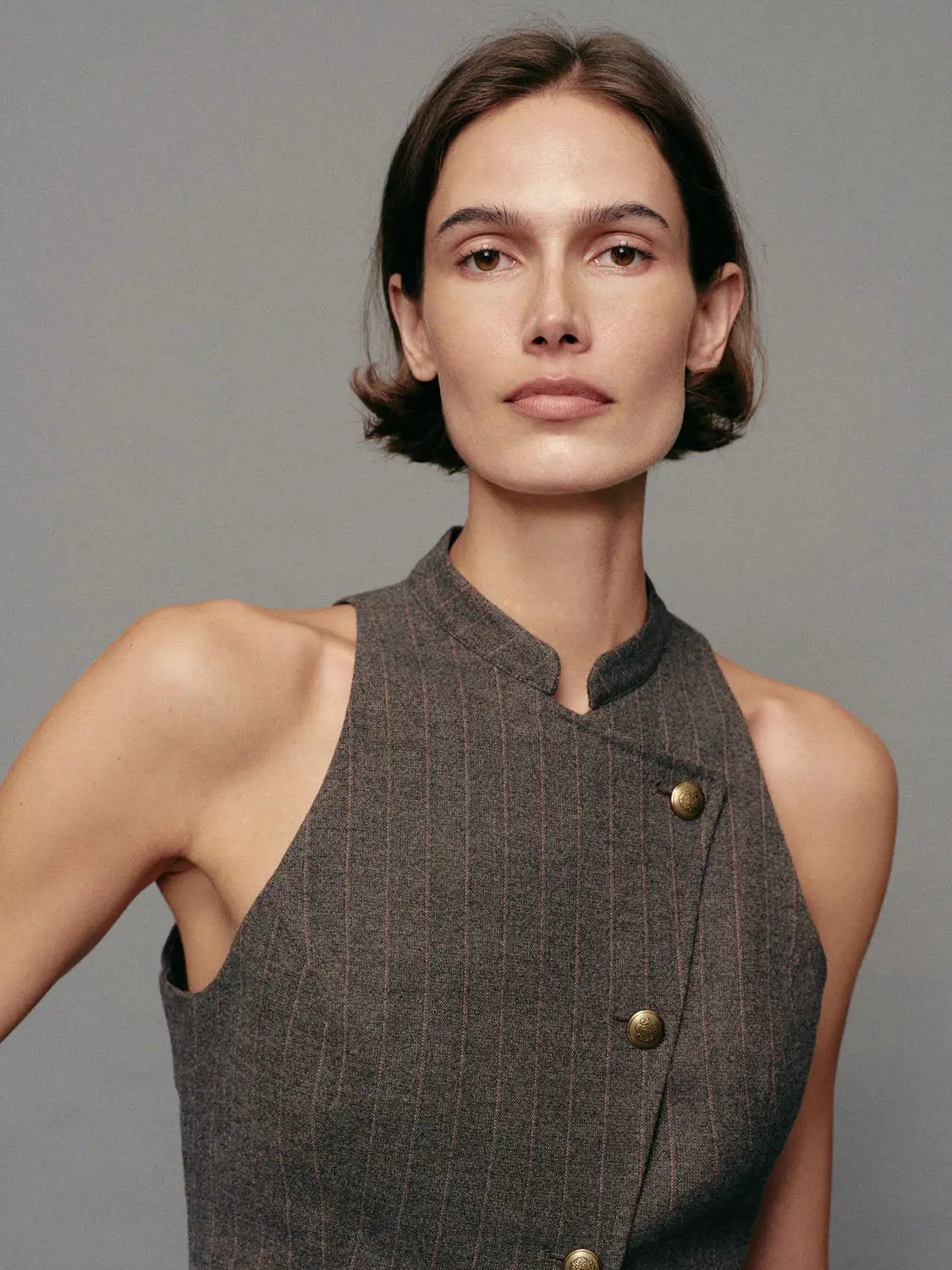 Striped Asymmetric Stand Collar Sleeveless Jacket