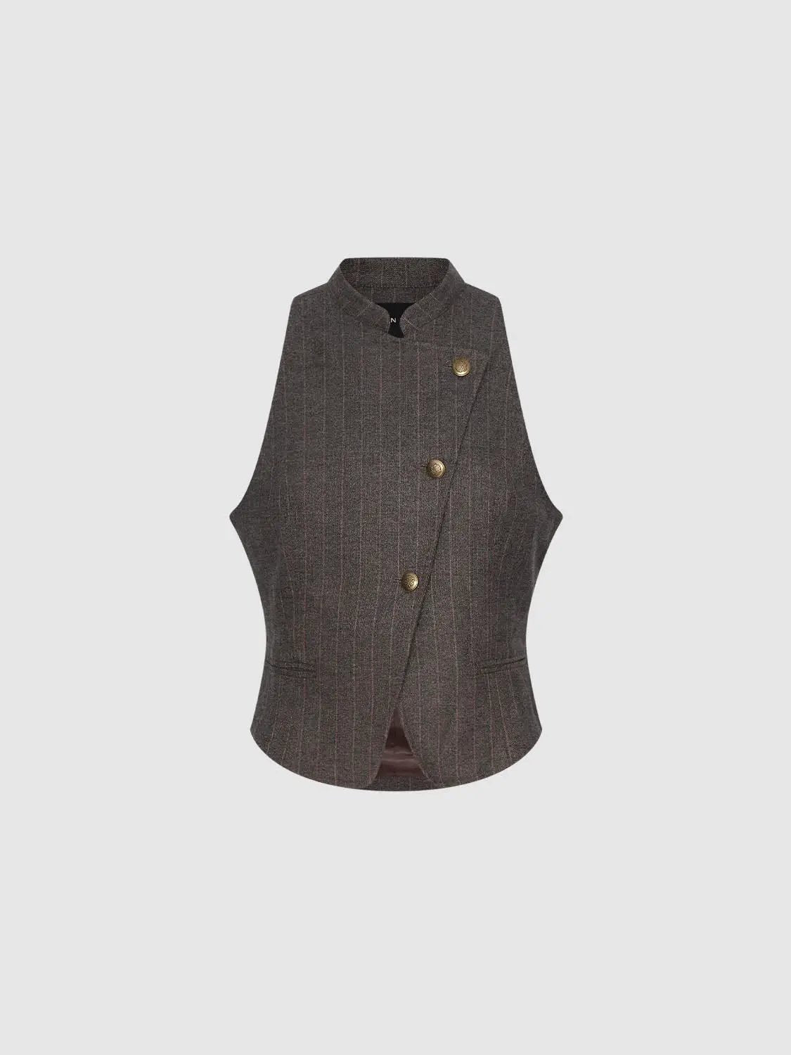 Striped Asymmetric Stand Collar Sleeveless Jacket