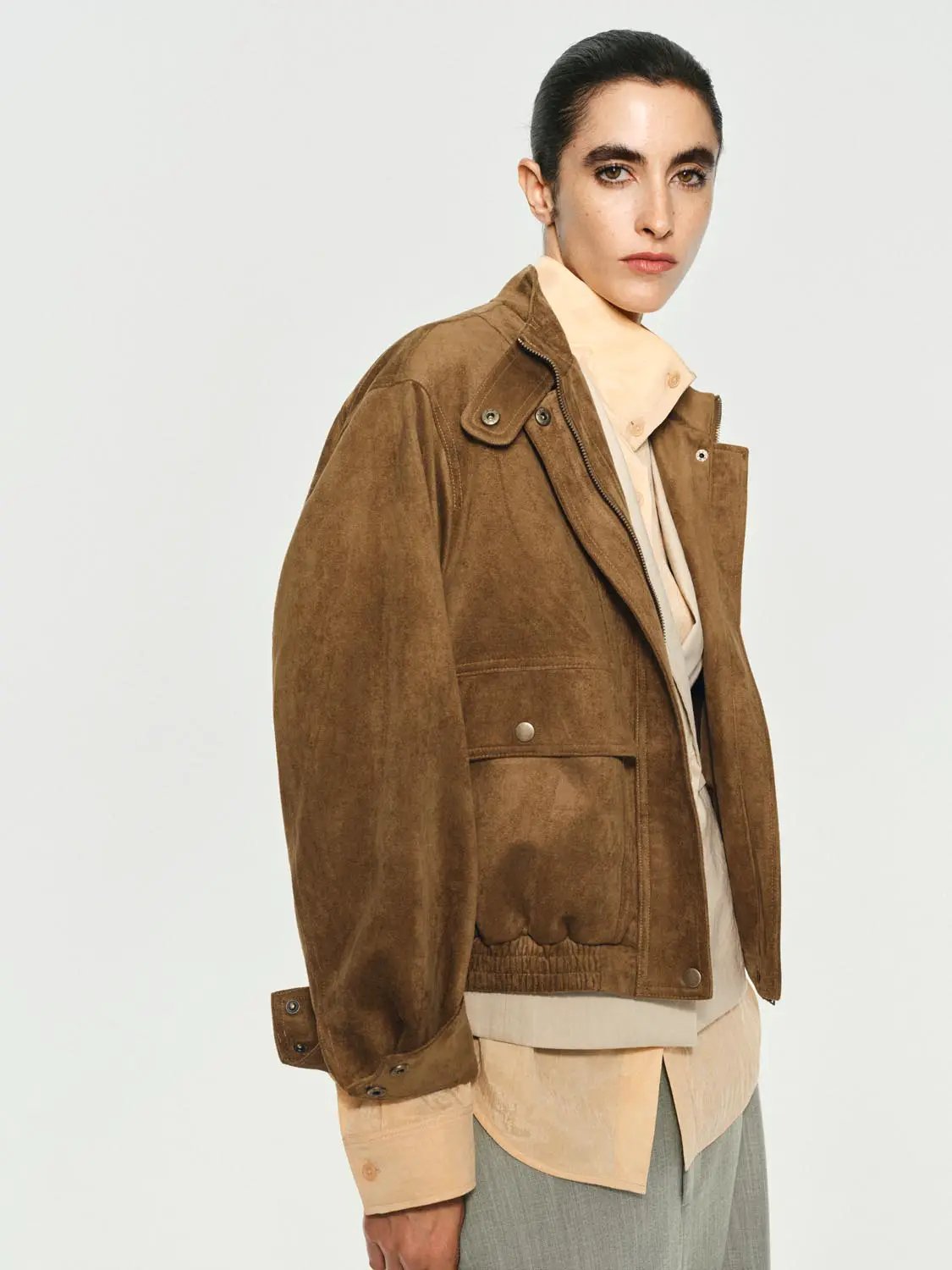 Snap Button Elasticated Hem Stand Collar Long Sleeve Jacket