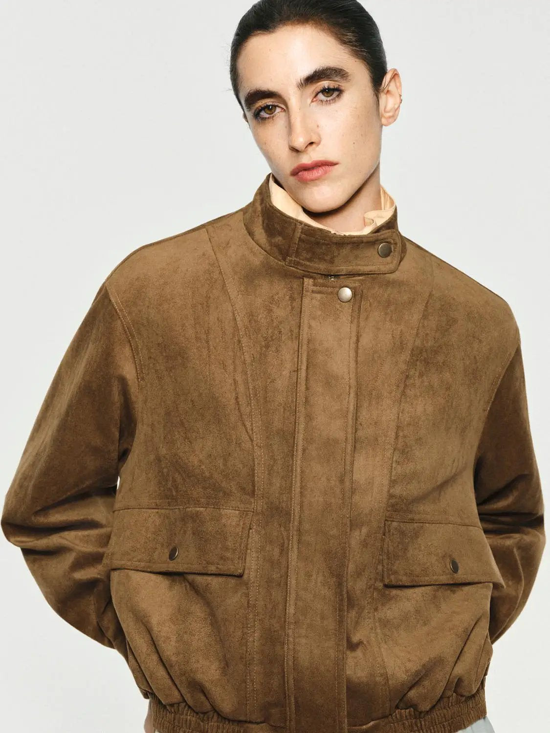 Snap Button Elasticated Hem Stand Collar Long Sleeve Jacket