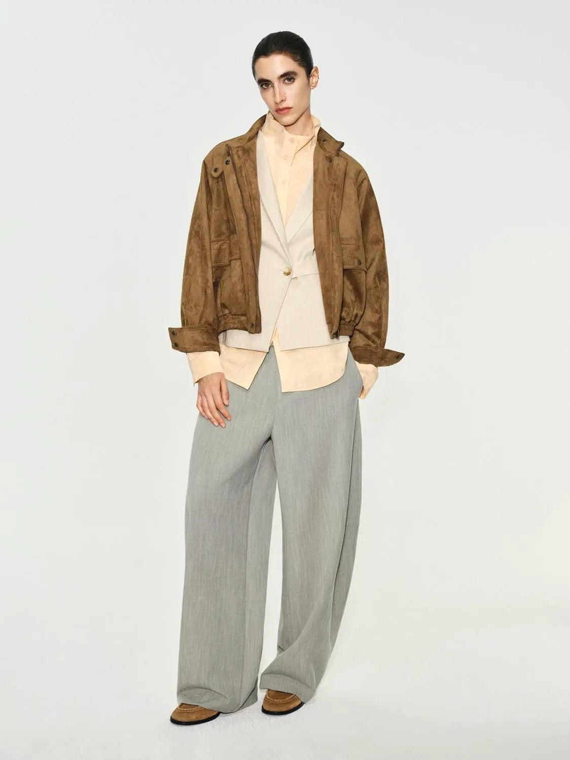 Snap Button Elasticated Hem Stand Collar Long Sleeve Jacket